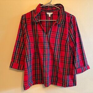 Red plaid printed split neck top